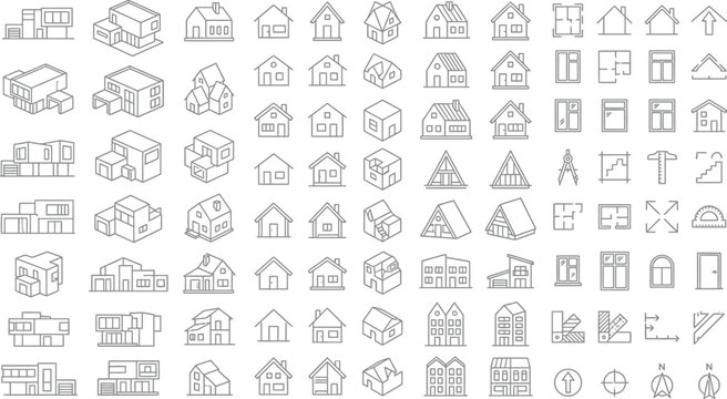Extensive Set of 127 Minimalist Geometric House Icons and Architectural Symbols, Modern Linear Building Graphics for Real Estate, Construction and Urban Design Isolated on White Background