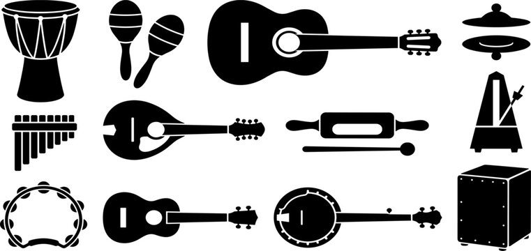 Acoustic and percussion musical instruments set featuring black silhouette icons of guitar djembe maracas and banjo on white background