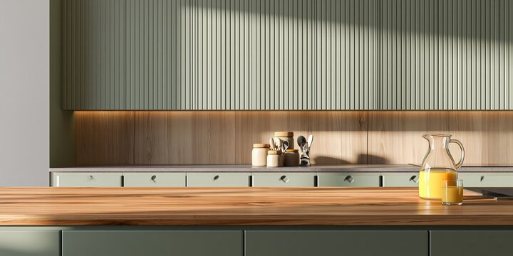 Modern kitchen interior with wooden countertop and glass carafe