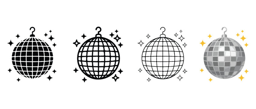Disco ball icons with sparkles on white background  party decorations  dance balls