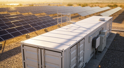 Modern solar farm with energy storage container at sunset © Snide12