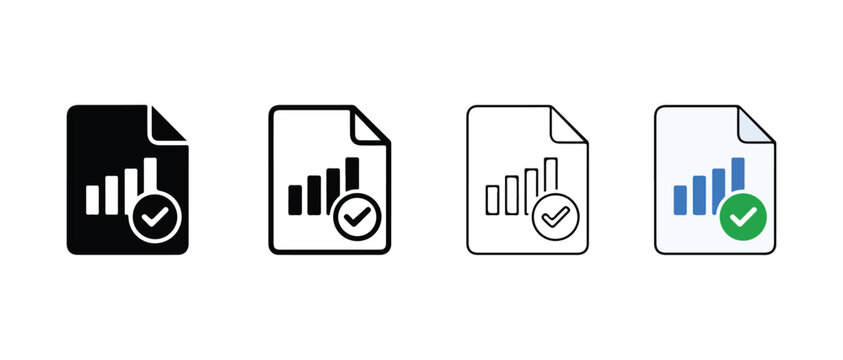 Document file icons with bar chart and checkmark on white background  business data analysis symbols