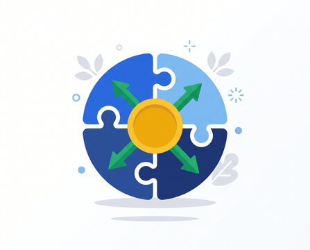 Financial Portfolio Diversification and Investment Expansion Vector Illustration with Gold Coin Center, Puzzle Circle, and Outward Growth Arrows