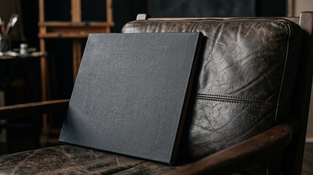 Dark textured book mockup on distressed leather armchair in studio setting black friday texture