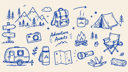Hand Drawn Camping Adventure Doodle Set Vector Illustration  © Taha