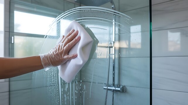 Hand in a protective glove cleaning a glass shower screen with a white cloth leaving circular patterns of soap foam on the transparent surface