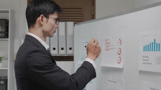 A smiling Asian businessperson is pointing at a financial data graph on a whiteboard during a business strategy presentation in the office.