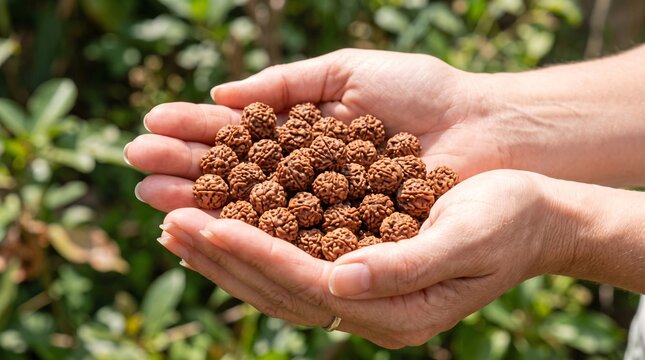 Hands holding Rudraksha beads. Person offering sacred prayer seeds for meditation practice.