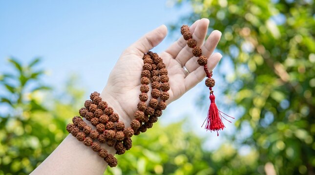 Hand holding Rudraksha beads. Mala prayer necklace for meditation and spiritual practice.