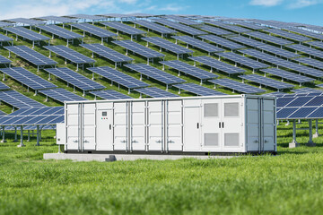 Large solar farm with battery storage system on a sunny day © Snide12