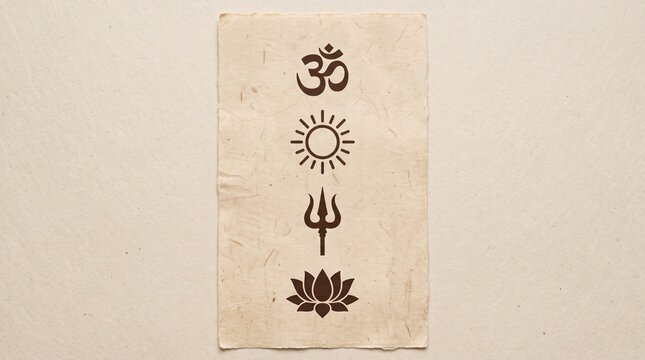 Four spiritual symbols on papyrus. Ancient religious icons printed on textured paper.