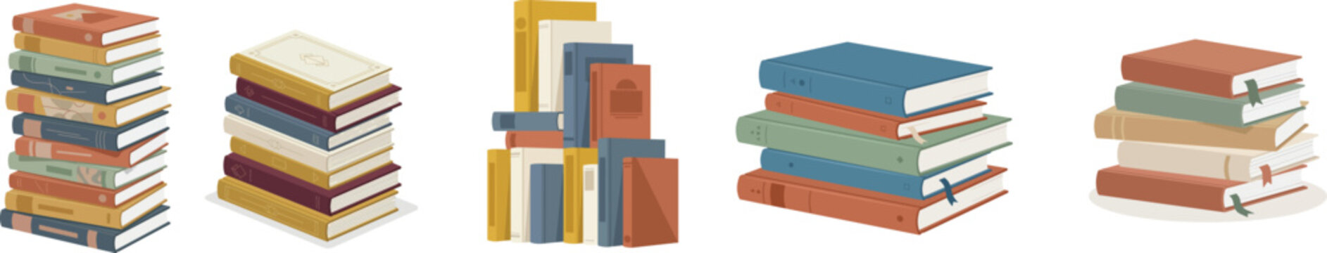 Colorful stacks of hardcover books in various arrangements isolated on white background for education and reading concepts
