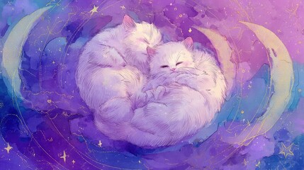 Obraz premium Dreamy White Cats Sleeping on Cosmic Background with Stars and Moons