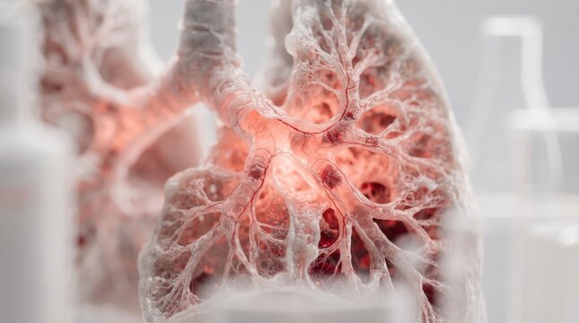3d rendering of human lungs with bronchial tubes red inflammation respiratory system medical concept science anatomy biology research with set against blurred laboratory background glass beakers