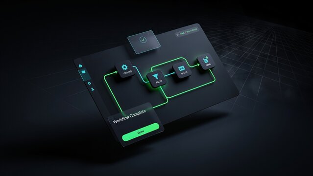 Dark themed isometric workflow interface with glowing green connection lines