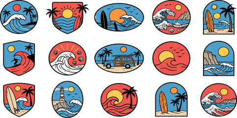 Fototapeta premium Colorful Ocean Wave and Tropical Beach Badge Collection with Sunset, Palm Trees, Surfboards, Lighthouse, Coastal Landscapes, and Summer Adventure Scenes