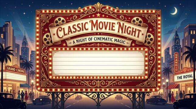A vintage movie theater marquee with the words 'Classic Movie Night' and 'A Night of Cinematic Magic' on it, set against a cityscape backdrop with cars and buildings.