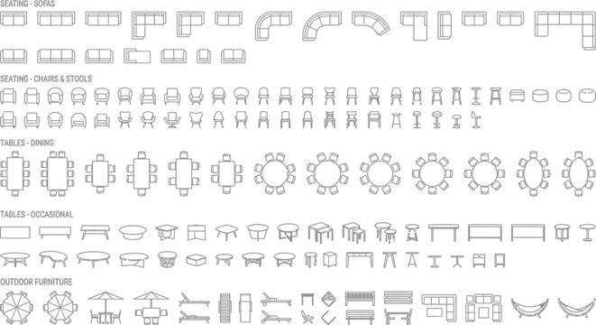 Comprehensive Collection of 111 CAD Vector Furniture Assets for Professional Architectural and Interior Design Layouts Featuring Diverse Tables and Chairs in Minimalist Schematic Style