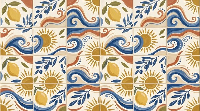 Mediterranean ceramic tiles with lemon pattern. Hand painted summer wall decor background.