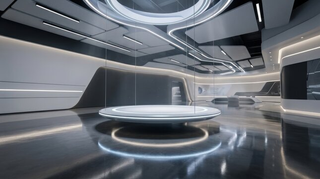 A futuristic, sleek, and modern interior with a circular light fixture and reflective surfaces.