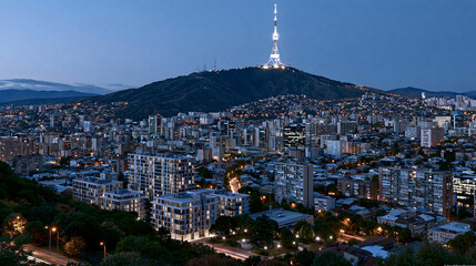 Night skyline view of Tbilisi with illuminated TV tower atop Mtatsminda Mountain during twilight hours © Thisisbest