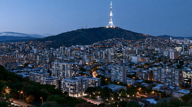 Night skyline view of Tbilisi with illuminated TV tower atop Mtatsminda Mountain during twilight hours