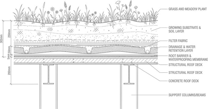 Technical 2D vector line drawing illustration showing a detailed architectural section view of a sustainable green roof system featuring a grass covered surface for ecological building design.
