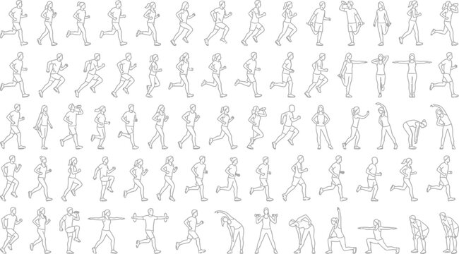 Collection of one hundred eight architectural scale figures depicting diverse joggers and runners in active motion, vector silhouette CAD library set isolated on white background for design