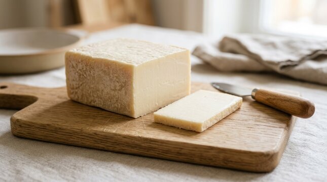 A block of aged cheese on a wooden cutting board with a knife.