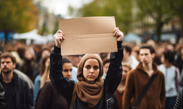 A political activist protesting holding a blank placard sign banner at a protest