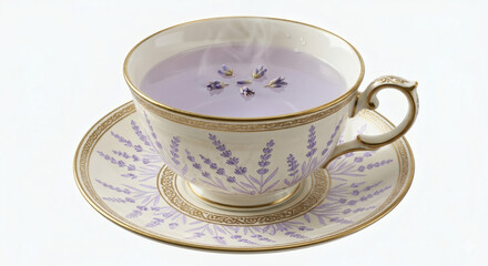 Fototapeta premium Lavender herbal tea in an elegant vintage porcelain teacup with matching saucer, purple floral patterns and golden rim, realistic 3D illustration isolated on white background