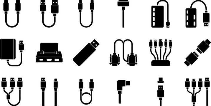 Electronic connection cables and usb connectors icon set featuring chargers hubs adapters and data wire flat vector symbols