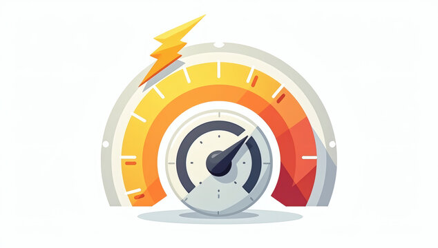 Speedometer indicating high performance and rapid progress, symbolizing efficiency and quick results with a lightning bolt accent