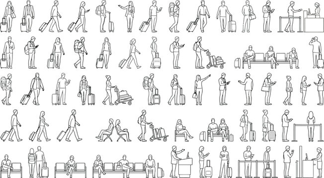 Diverse architectural vector silhouette collection of travel passengers and commuters for cad scale library reference featuring various walking and waiting people isolated on white.