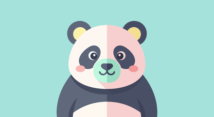 Friendly panda face with soft blushing cheeks and unique color ears designed for digital icons or nursery wall decor. © SALEHA STOCK
