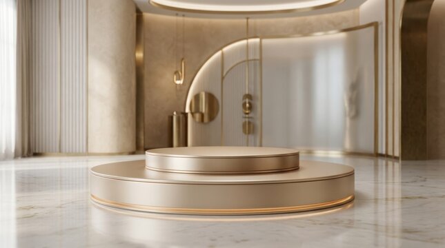 A luxurious bathroom with a marble floor, gold accents, and a round pedestal.