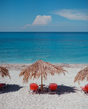 Straw umbrellas on the beach in Albania 