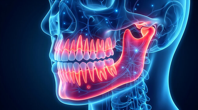 anatomical cross-section illustration of the human mandible showing lower jawbone, teeth root structure, and nerves
