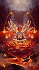 Fototapeta premium Mystical Angelic Figure with Wings Meditating in Lava Forest Volcano Scene