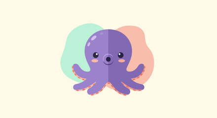 Cute cartoon purple octopus on colorful background, adorable sea creature vector illustration for children. © SALEHA STOCK