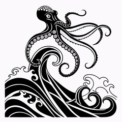 Ornate black and white octopus graphic rising from ocean sea waves with tentacles, creature © Atiq