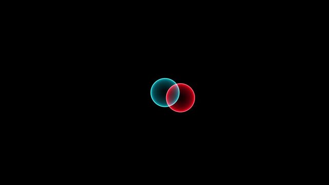 Glowing cyan and red overlapping transparent spheres floating against a black background. Minimalist 3D abstract graphic animation, futuristic orb effect, 