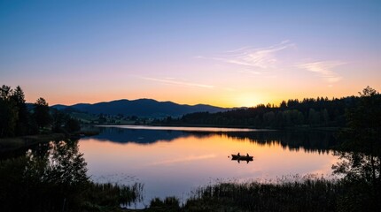 Fototapeta premium A serene lake at sunset with a boat and a lone fisherman.