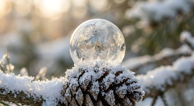 Elegant Frozen Soap Bubble on Snow-Covered Pinecone with Delicate Ice Crystal Patterns &ndash; Warm Sunrise Bokeh.