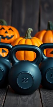 Three black kettlebells positioned on a wooden surface with Halloween pumpkins in the background, adding a spooky touch to the scene, exercise, spooky