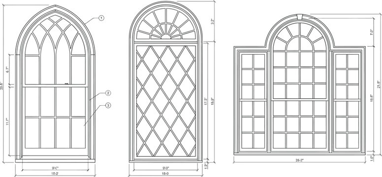 Technical 2D vector illustration depicting three elegant arched window frames featuring detailed architectural masonry and structural outline for building facade design and blueprint project