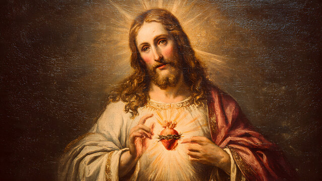 Classical Oil Painting Representation of Jesus Christ Featuring the Sacred Heart with Radiant Divine Light Halo