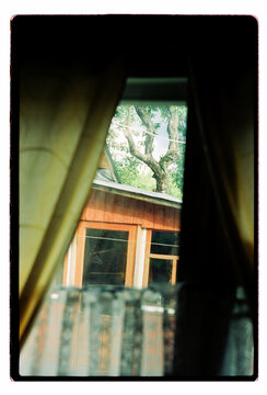 Looking out through parted curtains toward a garden structure