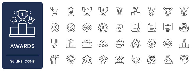 Awards icon set. Collection of champion trophy cup, gold medal, certificate diploma, winner podium, achievement badge and laurel wreath line icon vector illustration with editable stroke. © Stock_Koom