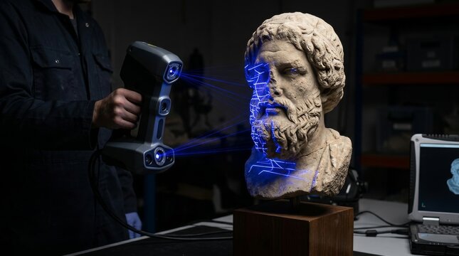 3D Scanner Capturing Ancient Sculpture Head Details
